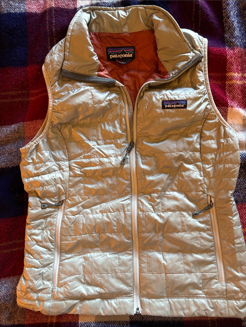 Patagonia Quilted Vest in light green with Orange Lining